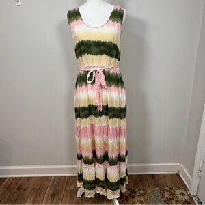Boho Tie Dye Maxi Dress Sleeveless Belted Pink Green Cream Women’s Extra L